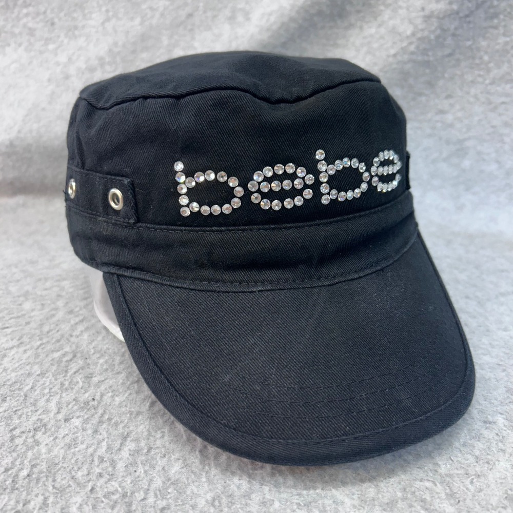 Bebe Rhinestone Logo Womens Black Cadet Hat Military Cap Adjustable OSFM